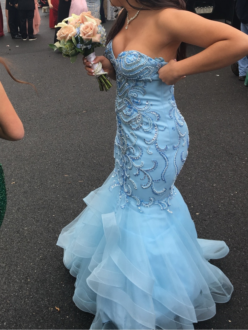 Strapless Light Blue Beaded Mermaid Prom Gown